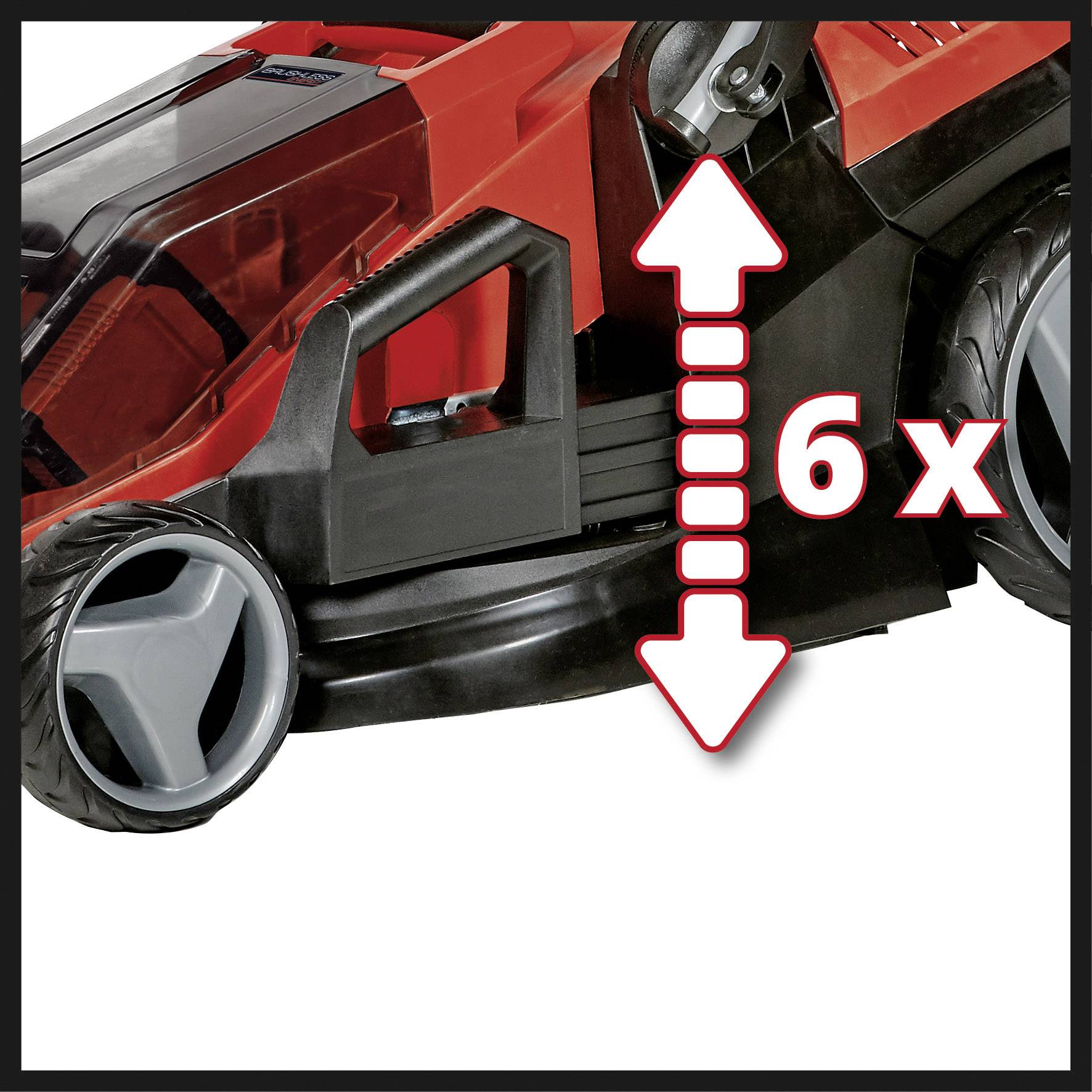 Ein Rasenmäher mit Verstellhebel. Ein Pfeil zeigt die Höhenverstellung mit der Angabe 6x.