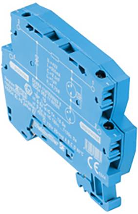 Ein blaues, rechteckiges elektronisches Relaismodul mit weißen Beschriftungen und Symbolen für industrielle Anwendungen.
