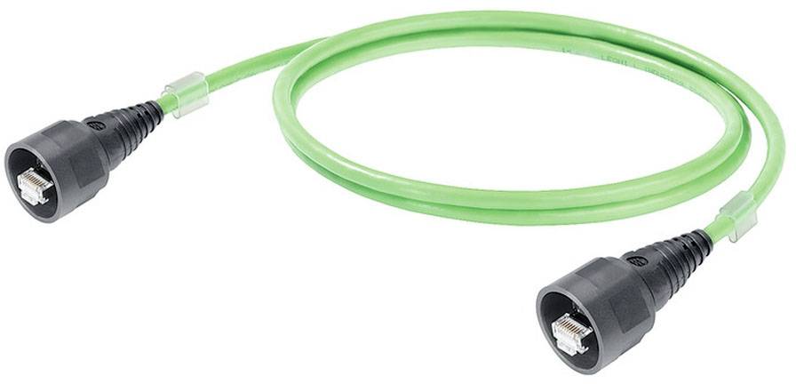 Grünes RJ45-Netzwerkkabel, beide Enden mit schwarzen Steckern, verwendet für Ethernet-Verbindungen.