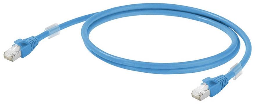Ein blaues Ethernet-Kabel mit zwei RJ45-Steckern, verwendet zur Netzwerkverbindung von Computern und anderen Geräten.