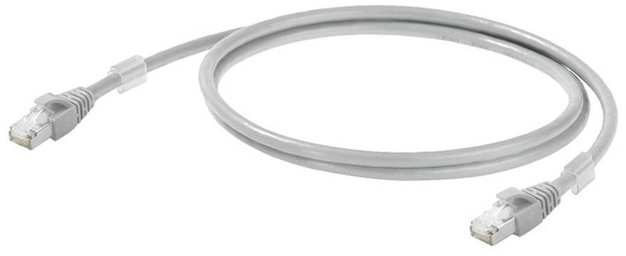 Ein graues Ethernet-Kabel mit zwei RJ45-Anschlüssen, gewunden in ovaler Form, vor weißem Hintergrund.