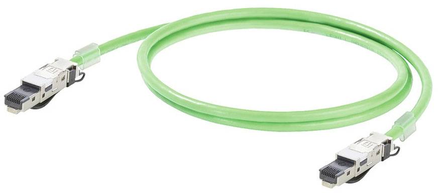 Grünes Netzwerkkabel mit zwei RJ45-Steckern an den Enden, geeignet für Ethernet-Verbindungen.