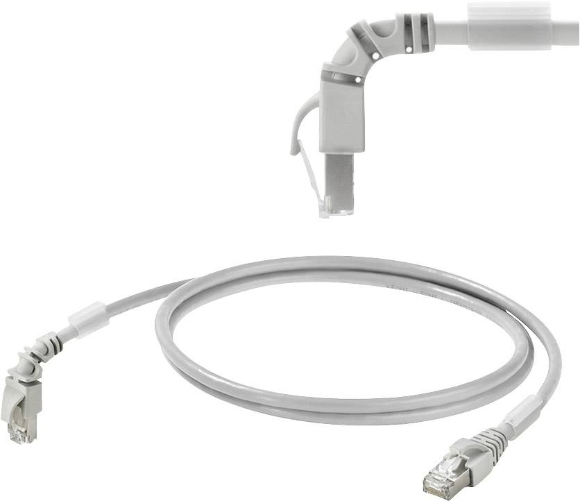 Graues Ethernet-Kabel mit zwei RJ45-Steckern, geeignet für Netzwerkverbindungen. Nahaufnahme eines Steckers und der Kabelverbindung.