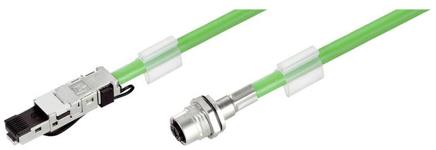 Zwei grüne Kabel mit Steckverbindern: links ein RJ45-Stecker, rechts ein Rundsteckverbinder. Sie dienen der Datenübertragung.