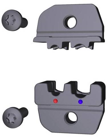 Zwei schwarze Metallklammern, jede mit Schraube. Obere Klammer hat ein Loch, untere zwei Markierungen: rot links, blau rechts.