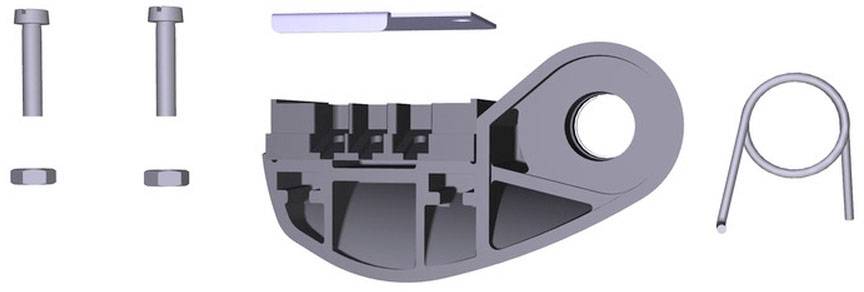 Darstellung von Einzelteilen einer mechanischen Baugruppe: Schrauben, Klinge, Hauptbauteil mit Öffnung und Drahtfeder.