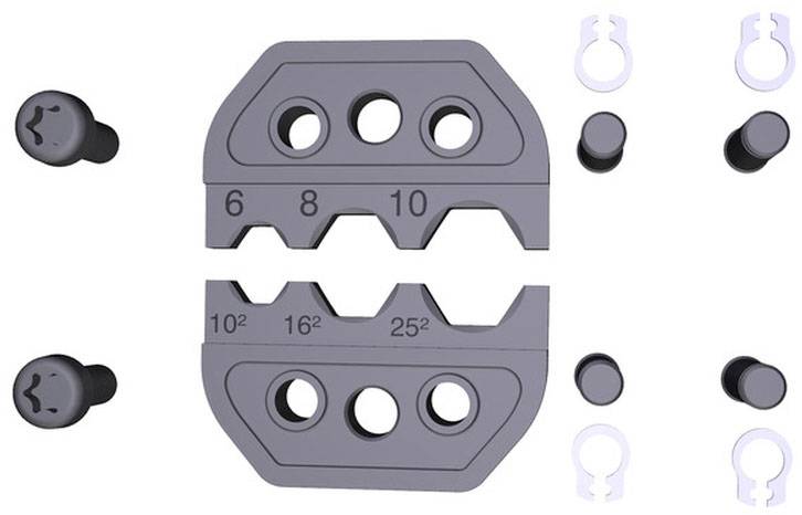 Vierkantiges Werkzeugteil mit Öffnungen und Zahlen 6, 8, 10, 10², 16², 25². Umliegende Teile sind rund und haben Clips.