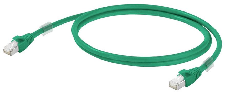 Grünes Ethernet-Kabel mit zwei RJ45-Steckern, dargestellt auf weißem Hintergrund.
