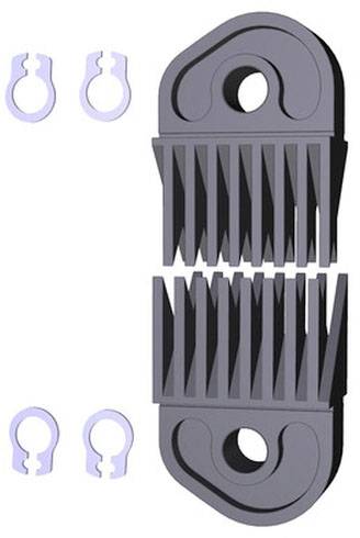 Darstellung eines Trennverbindergehäuses mit zwei Reihen geformter Stifte und insgesamt vier lilafarbenen halbkreisförmigen Klemmen.