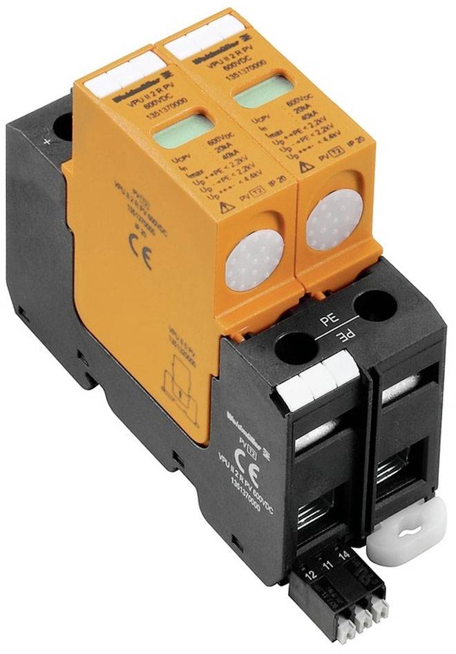 Ein Überspannungsschutzgerät mit orangem Gehäuse und technischen Anschlüssen, verwendet zum Schutz elektrischer Geräte vor Spannungsspitzen.