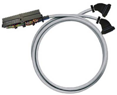 Ein graues Kabel mit zwei Steckverbindern an einem Ende und einem größeren Stecker am anderen Ende, geeignet für technische Anwendungen.