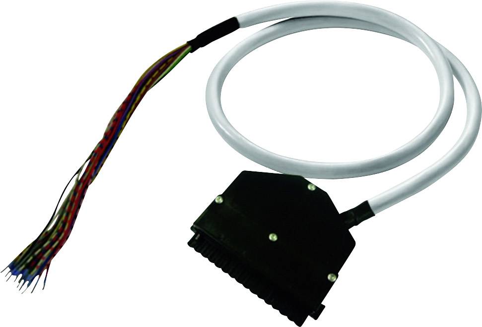 Ein weißes Kabel endet in einem schwarzen Stecker mit mehreren bunten, freiliegenden Drähten.