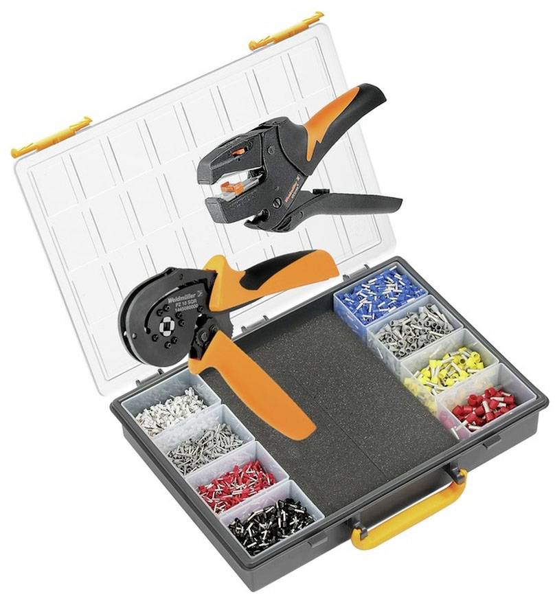 Kabelcrimpzangen-Set mit zwei Werkzeugen und sortierten Kunststoffbehältern voller Kabelverbinder in verschiedenen Farben und Größen.