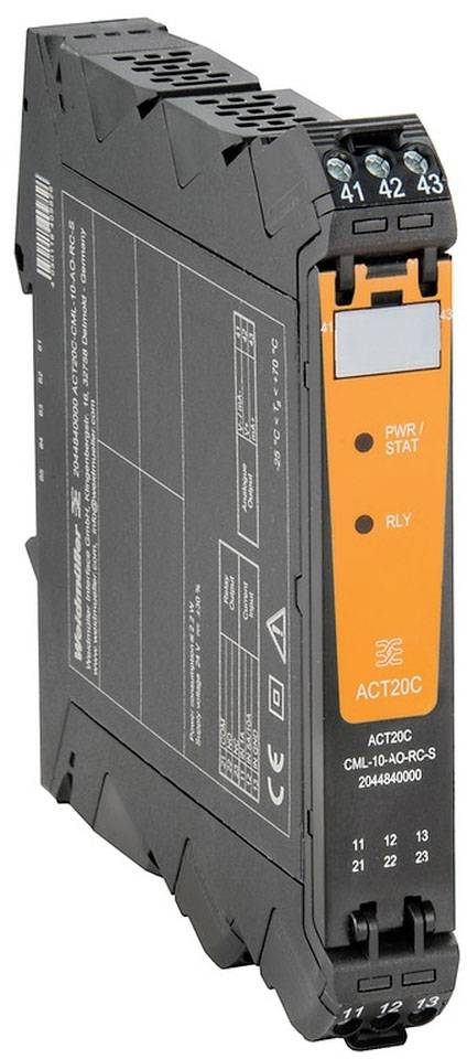 Ein schwarzes, rechteckiges elektronisches Gerät mit einer orangefarbenen Vorderseite, beschriftet mit 'PWR/STAT' und 'RLY', zeigt Anschlüsse und technische Symbole.