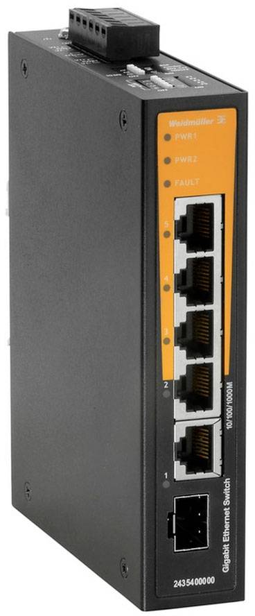 Ein Ethernet-Switch mit sechs Ports, geeignet für industrielle Anwendungen. Die Vorderseite zeigt LEDs zur Statusanzeige und einen Stromanschluss.