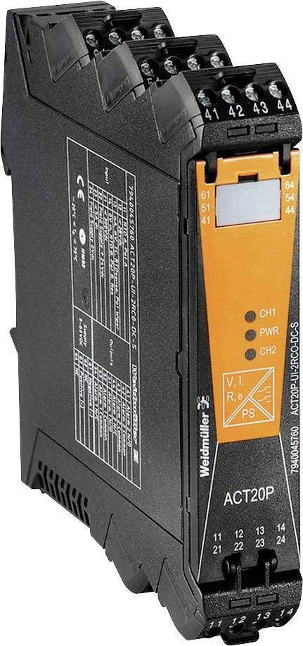 Ein industrielles Elektronikmodul mit orangem Etikett von Weidmüller, Modell ACT20P. Es hat Anschlüsse und ist zur Hutschienenmontage geeignet.