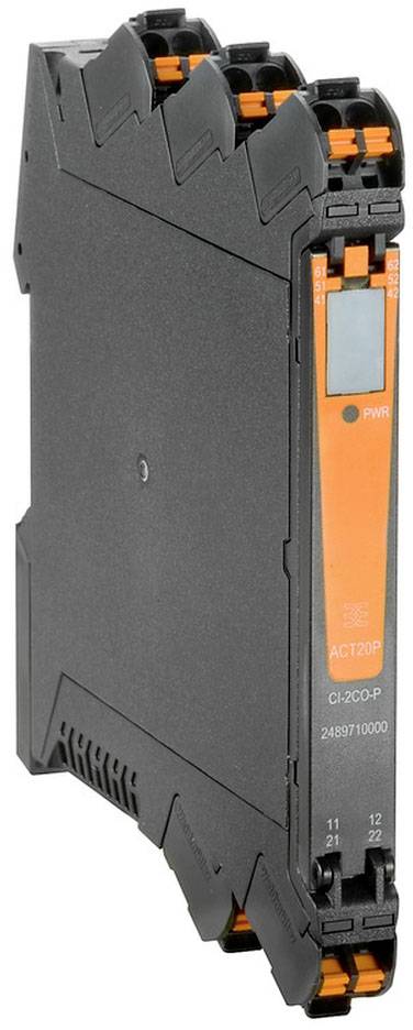 Ein elektronisches Gerät in schwarzem Gehäuse mit orangen Akzenten, vermutlich ein Modul oder Schaltgerät, mit Anschlüssen an den Seiten.