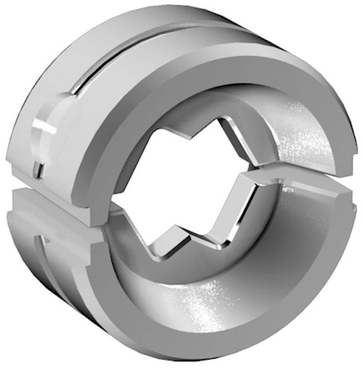 Zylinderförmiges Metallteil mit kreuzförmiger Aussparung in der Mitte, bestehend aus zwei Hälften. Technisches Bauteil oder Verbindungselement.
