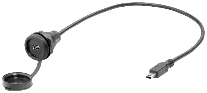 Ein schwarzes USB-Kabel mit Schutzkappe, geeignet für Anschluss und Schutz von elektronischen Geräten vor Staub.