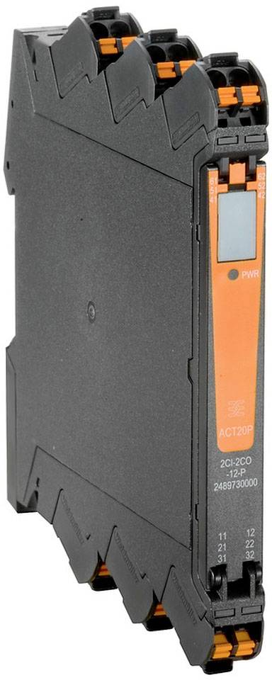 Elektronischer Baustein in schwarzem Gehäuse mit orangem Streifen und digitalem Display, vermutlich ein industrielles Steuerungsmodul.