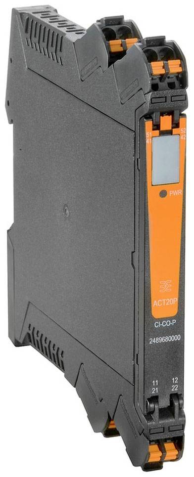 Elektronisches Bauteil in schwarzem Gehäuse mit orangefarbenen und blauen Details, zeigt die Seriennummer 'ACT20P'.