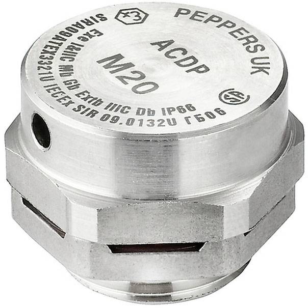 Metallisches Bauteil, zylindrisch, mit Aufschrift 'Peppers UK ACDP M20'. Es hat ein sechseckiges Ende und Schraubengewinde.