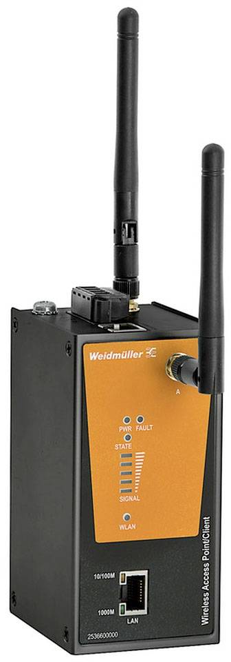 Ein industrieller Router von Weidmüller mit zwei Antennen, schwarzem Gehäuse und oranger Vorderseite mit Statusanzeigen und LAN-Anschluss.