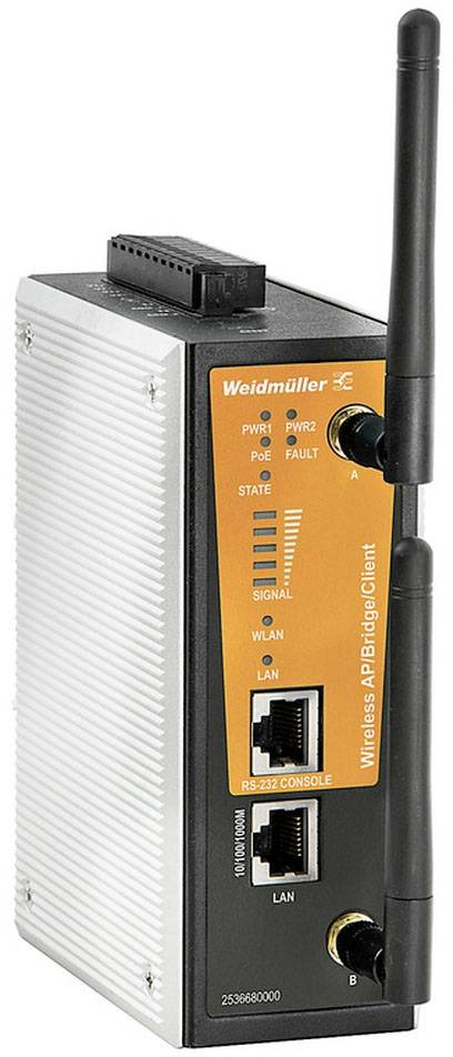 Ein industrielles WLAN-Gerät von Weidmüller mit Antenne, zwei LAN-Ports und Statusanzeigen. Modell: Wireless AP/Bridge/Client.