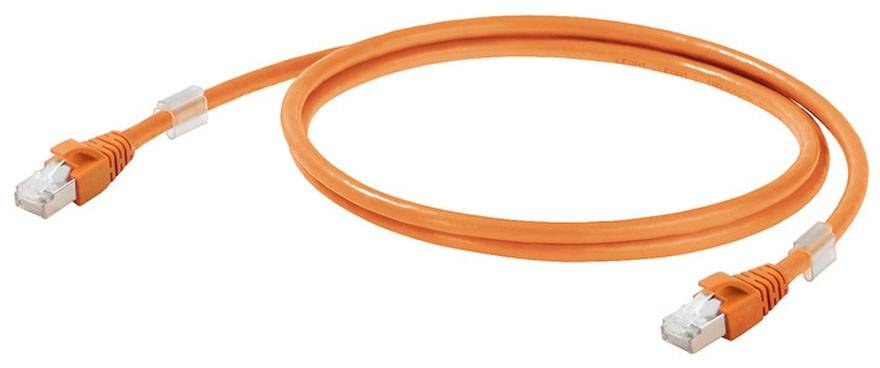Ein orangefarbenes Netzwerkkabel mit RJ45-Steckern an beiden Enden, geeignet für Ethernet-Verbindungen.