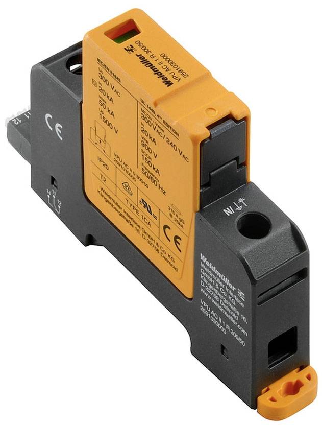 Ein Überspannungsschutzgerät mit orangefarbenem und schwarzem Gehäuse, das für den Einsatz in elektrischen Systemen konzipiert ist.