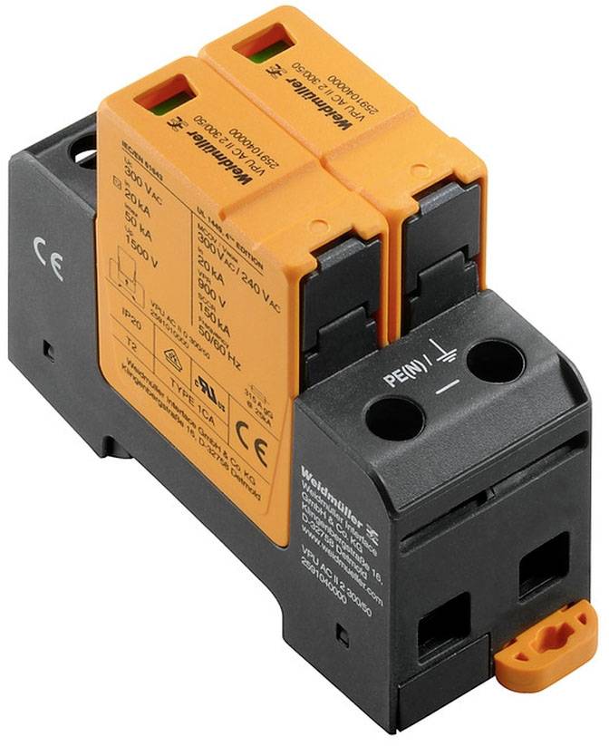 Ein orangefarbenes Überspannungsschutzgerät mit zwei Modulen, auf einem schwarzen Sockel montiert, von oben gesehen, mit technischen Spezifikationen aufgedruckt.