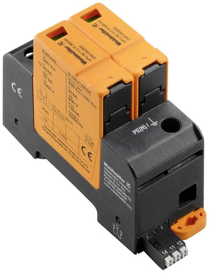 Ein Überspannungsschutzgerät mit orangen Komponenten und CE-Kennzeichnung, entwickelt zur Sicherung von elektrischen Geräten.