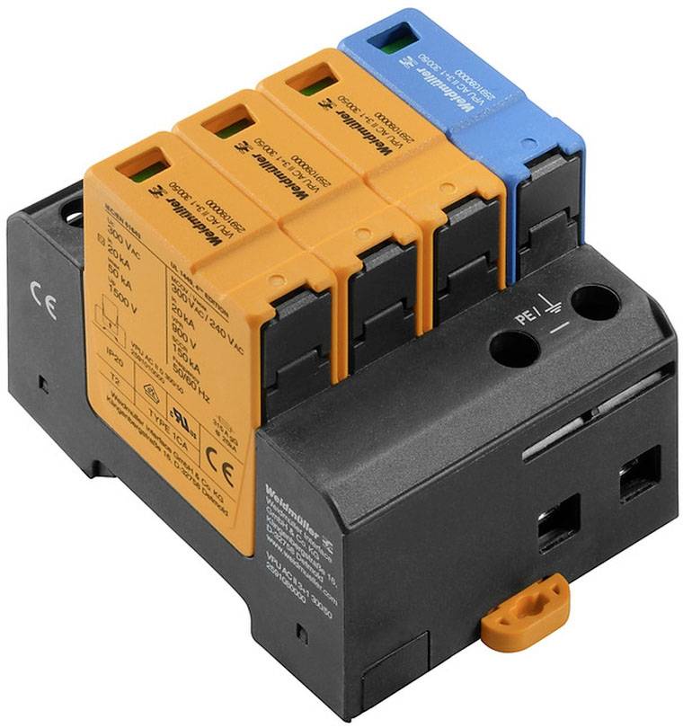 'Überspannungsschutzgerät' mit vier Modulen in Schwarz, Orange und Blau, verwendet zum Schutz elektrischer Systeme vor Überspannungen.