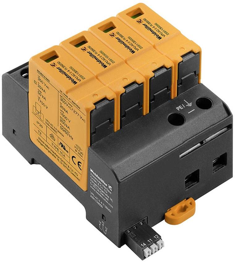 Das Bild zeigt einen Überspannungsschutz mit vier orangefarbenen Modulen auf einem schwarzen Gehäuse, geeignet für industrielle Anwendungen.