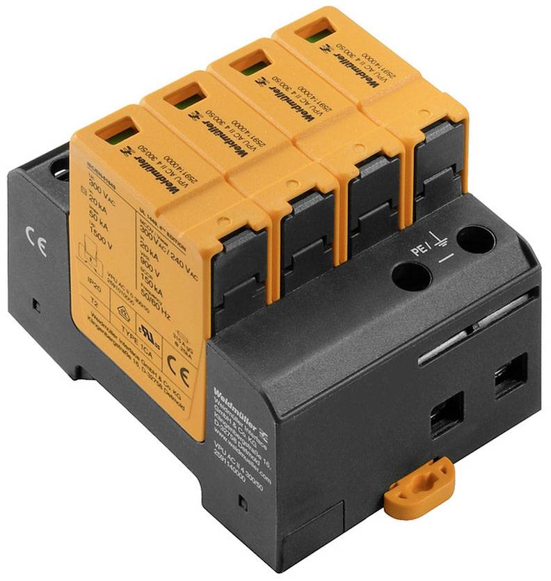 Überspannungsschutzgerät mit vier orangenen Modulen auf schwarzem Sockel, verwendet zur Sicherung von elektrischen Anlagen.