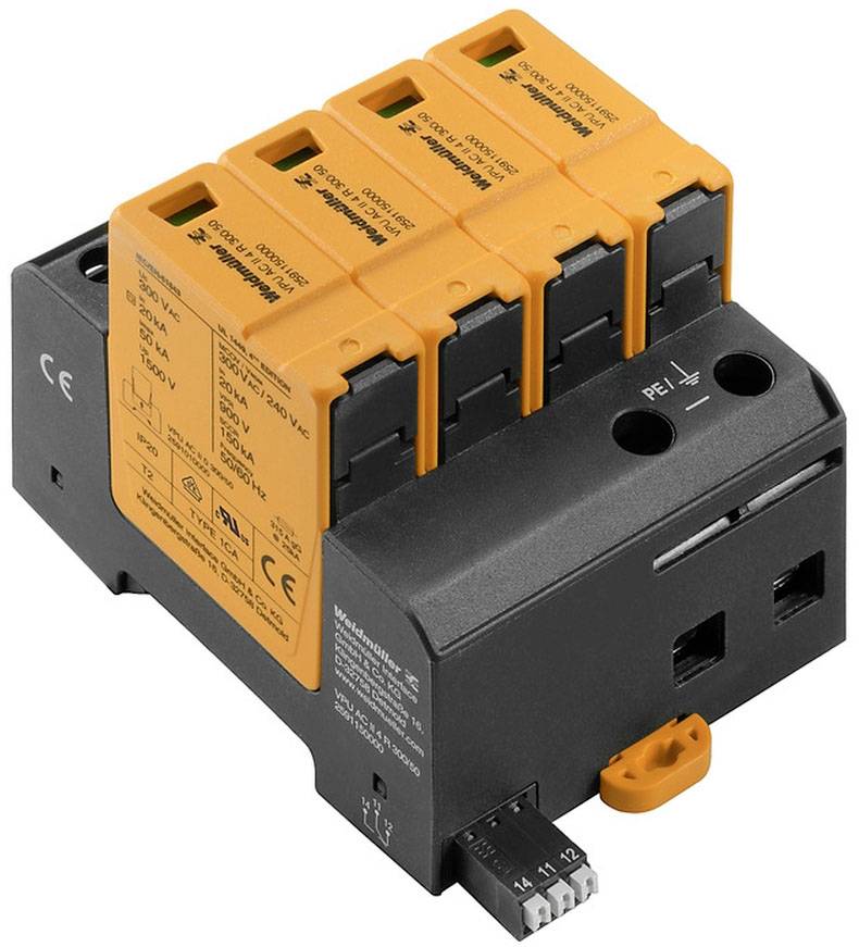 Ein Überspannungsschutzgerät mit mehreren orangefarbenen Modulen und technischen Spezifikationen aufgedruckt auf der Vorderseite.