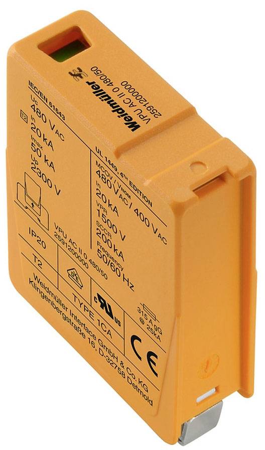 Orangefarbene Überspannungsschutzgerät von Weidmüller, Typ VPU. Geeignet für Spannungen bis 480 V AC.