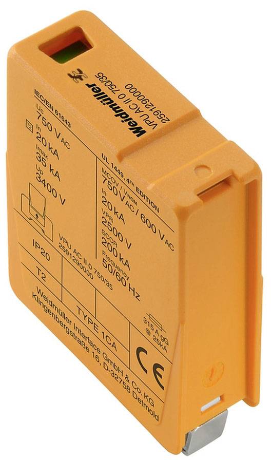 Ein orangefarbenes Überspannungsableitermodul der Marke Weidmüller, Modell 'Type 1CA', mit technischen Details zur Spannung und Kapazität.