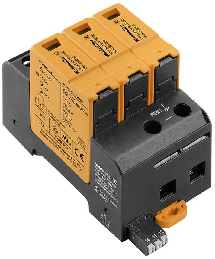Ein Überspannungsschutzgerät mit mehreren orangefarbenen Modulen und schwarzer Basis, geeignet für elektrische Installationen.