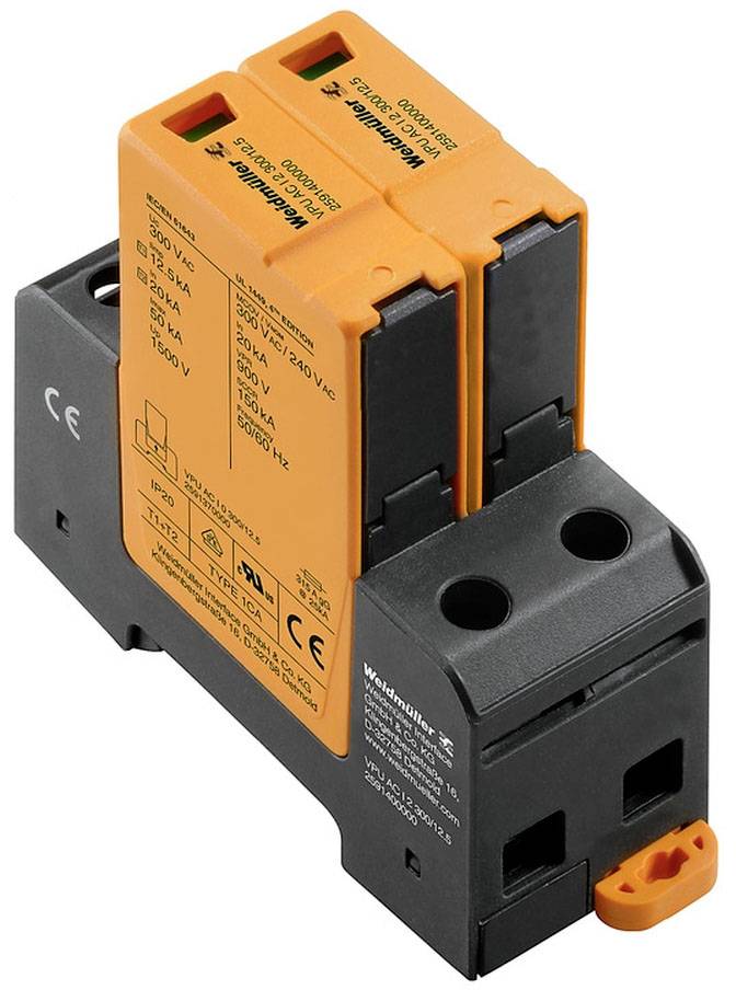 Elektronisches Bauteil mit orangefarbenem Gehäuse; zwei parallele Module; Markenname sichtbar. Verwendung in elektrischen Systemen.