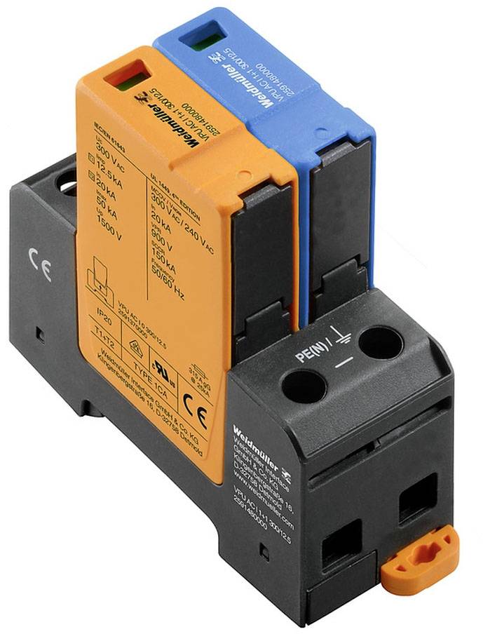 Elektronisches Gerät bestehend aus zwei nebeneinander montierten, farbigen Modulen, mit Beschriftungen und technischen Spezifikationen.