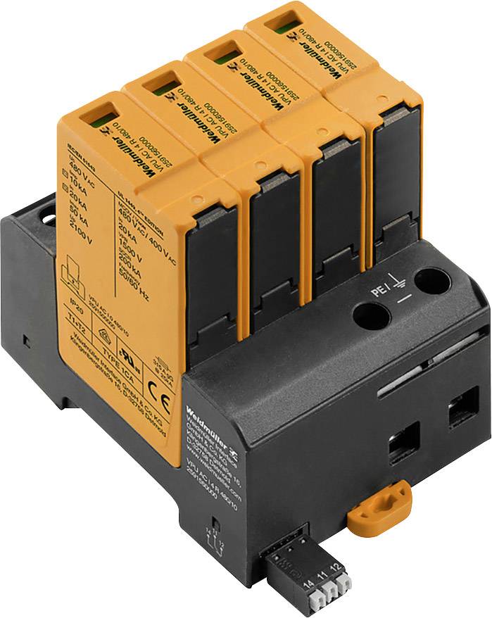 Überspannungsschutzgerät mit vier orangefarbenen Modulen auf schwarzem Sockel, dient zum Schutz elektrischer Geräte vor Überspannungen.