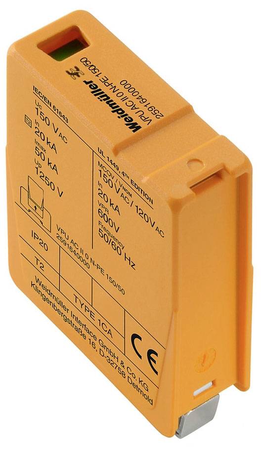 Orangenes elektrisches Bauteil von Weidmüller mit technischen Spezifikationen aufgedruckt, speziell für Spannungen von 150 bis 1250 V AC.