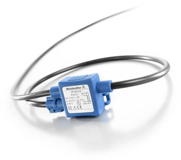 Ein blauer elektronischer Sensor von Weidmüller mit Kabelanschluss, verwendet zur Überwachung oder Steuerung in elektrischen Systemen.