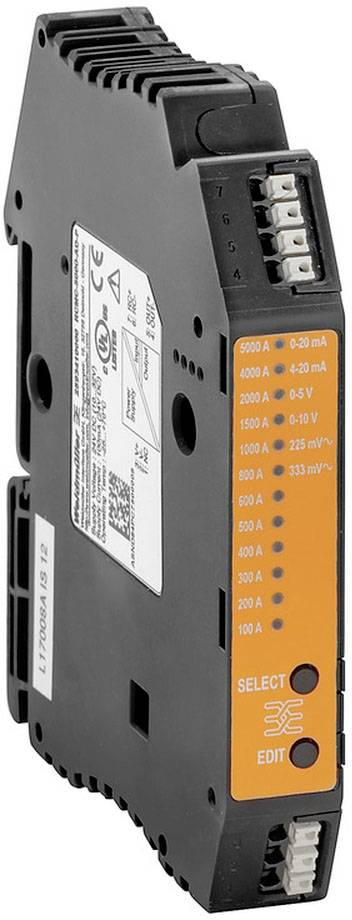 Stromsensor in schwarzem Gehäuse mit orangener Vorderseite, mehreren Strommessbereichen und Anschlüssen, geeignet für industrielle Anwendungen.