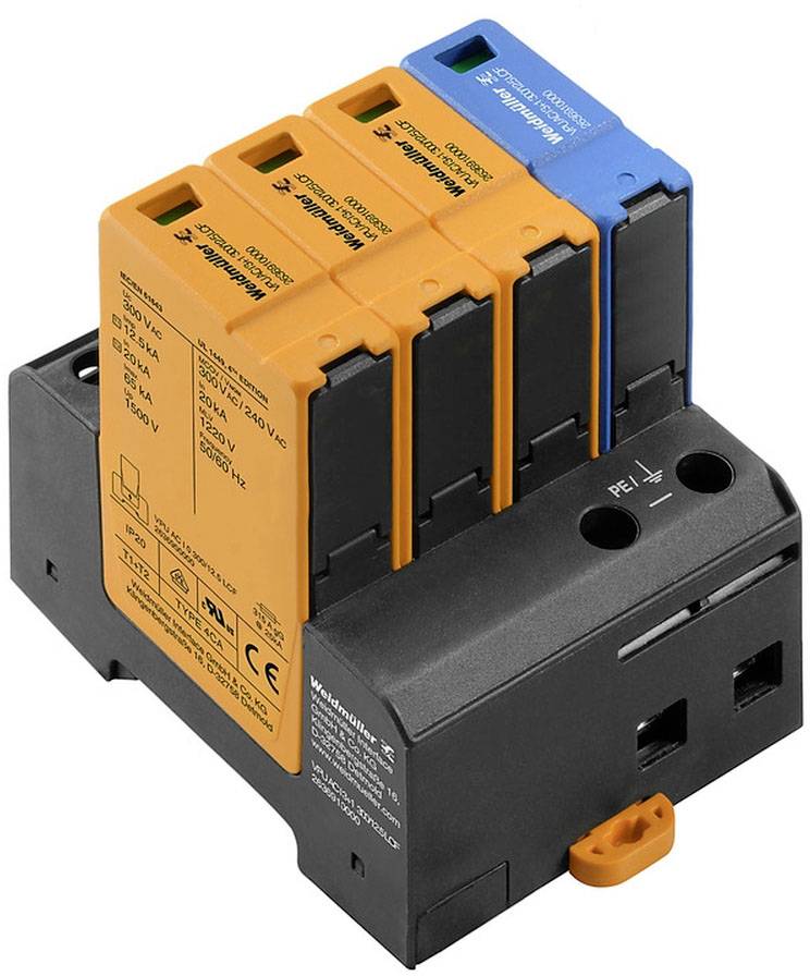 Ein Überspannungsschutzgerät mit drei orangefarbenen Modulen und einem blauen Modul. Es ist für den Einsatz in elektrischen Systemen vorgesehen.