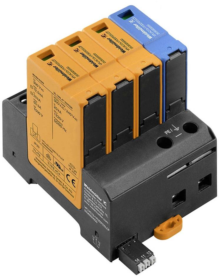 Überspannungsschutzgerät mit vier Modulsteckplätzen in verschiedenen Farben, jeweils mit technischer Beschriftung für elektrische Anwendungen.