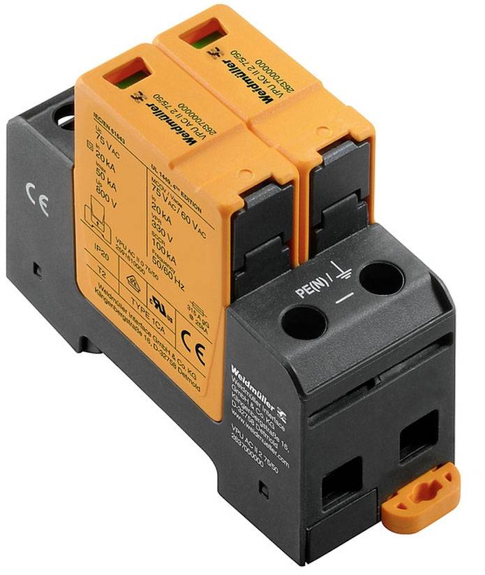 Orange-schwarzes elektrisches Bauteil mit zwei Klemmen, Aufschrift 'Weidmüller', geeignet für Spannungen von 150-280 V.