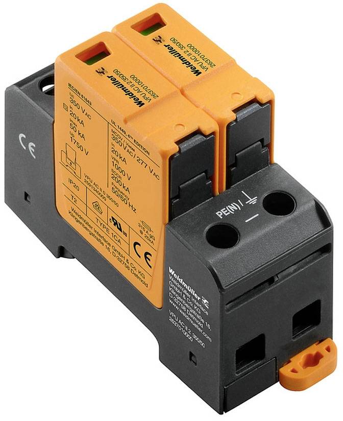 Ein Überspannungsschutzgerät mit orangefarbenen Komponenten und technischen Spezifikationen. Herstellerlogo und CE-Kennzeichnung sichtbar.