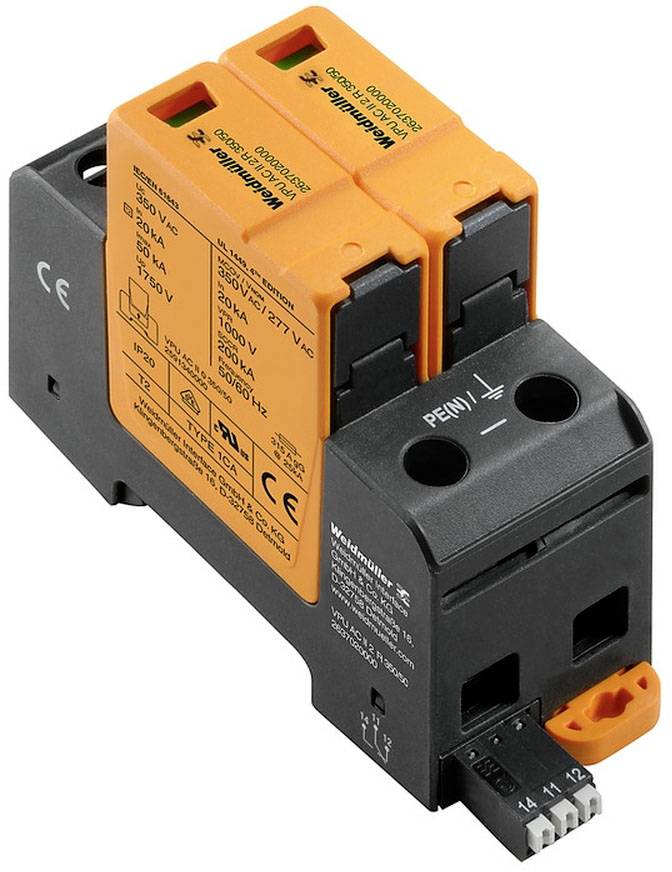Ein orangefarbenes, zweikanaliges Sicherheitsrelaismodul von Weidmüller, geeignet für Anwendungen bis 250 VAC, 6 A.